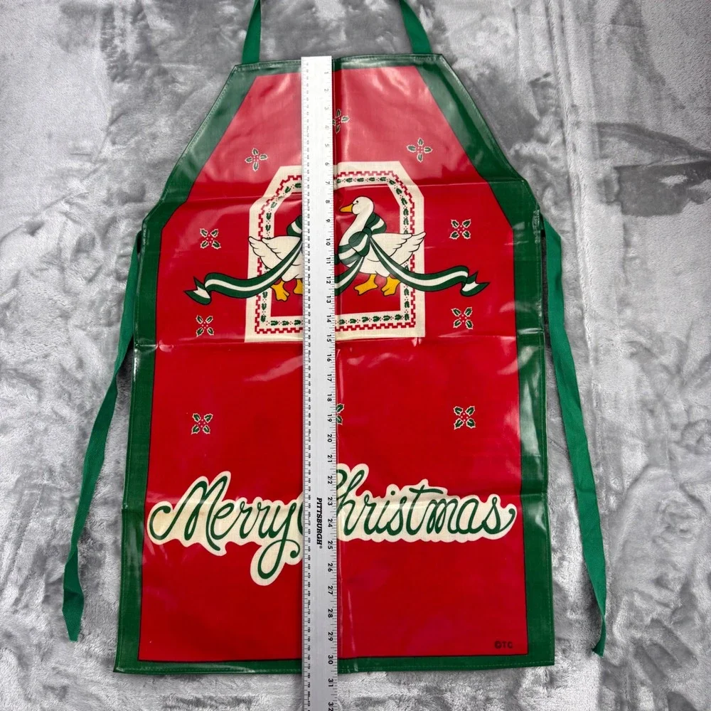 Vintage Merry Christmas Waterproof Vinyl Apron Geese Holiday Red Green Retro